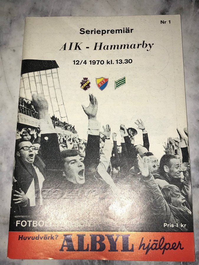 Sunday 12 April 1970, kl 13:30  AIK - Hammarby IF 1-1 (0-0)  Råsunda Fotbollstadion, Solna