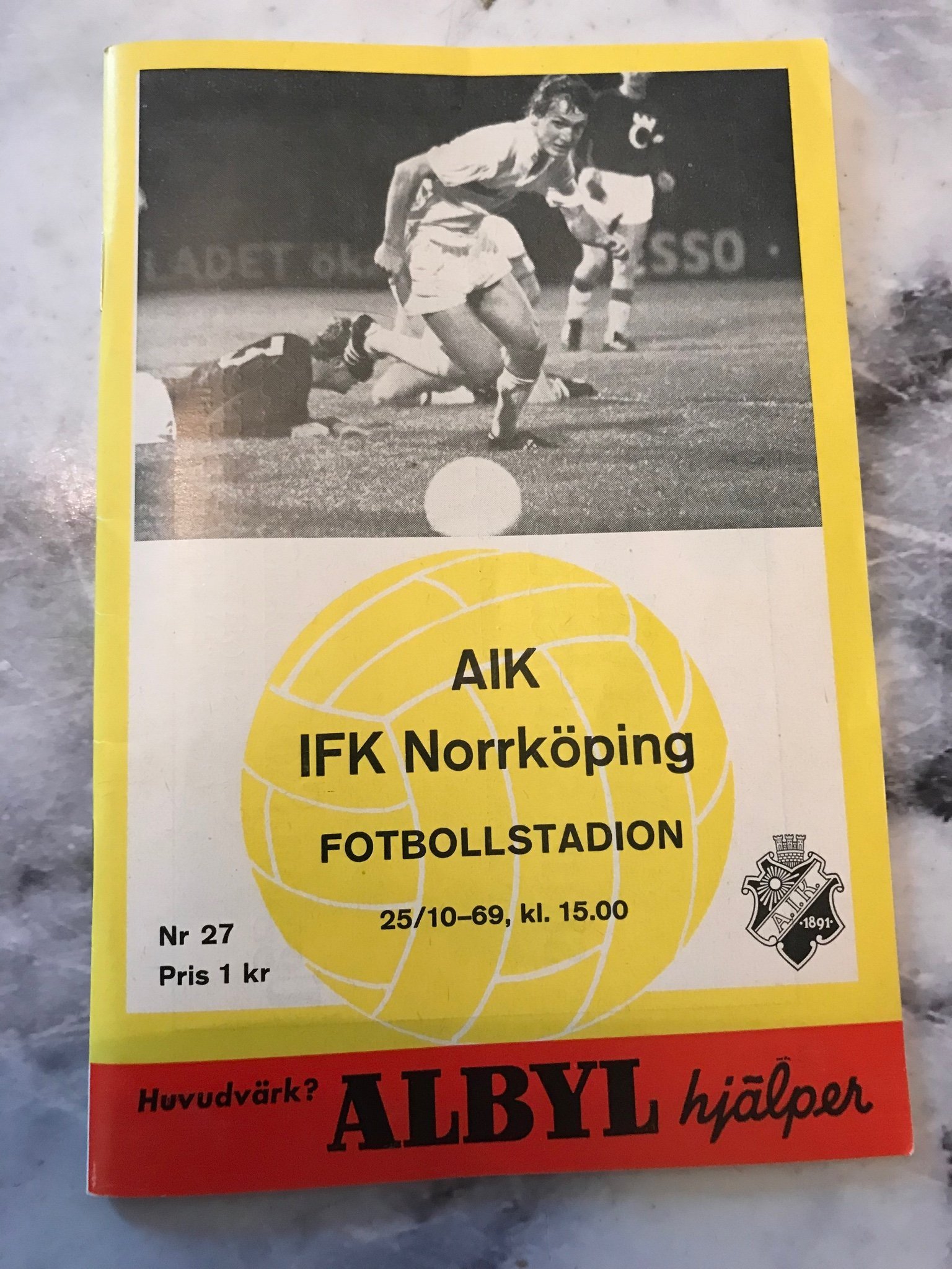Saturday 25 October 1969, kl 15:00  AIK - IFK Norrköping 0-1 (0-1)  Råsunda Fotbollstadion, Solna