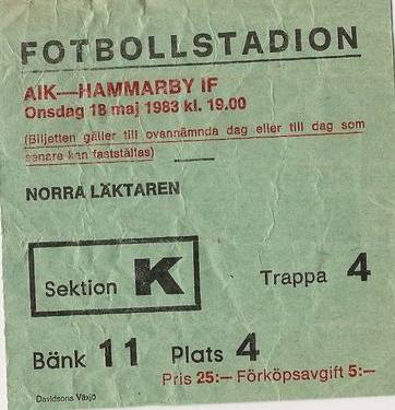 Wednesday 18 May 1983, kl 19:00  AIK - Hammarby IF 2-2 (1-1)  Råsunda Fotbollstadion, Solna