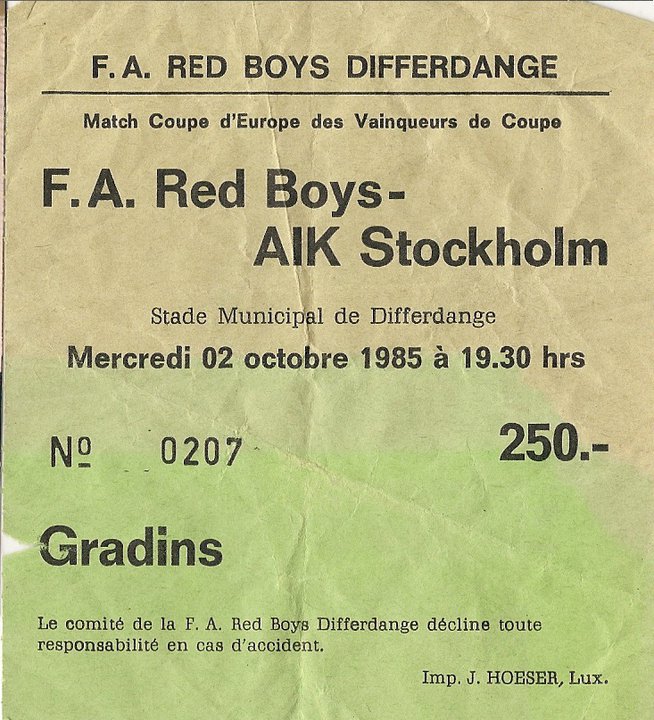Wednesday 2 October 1985, kl 19:30  FA Red Boys - AIK 0-5 (0-?)  Stade du Thillenberg, Differdange