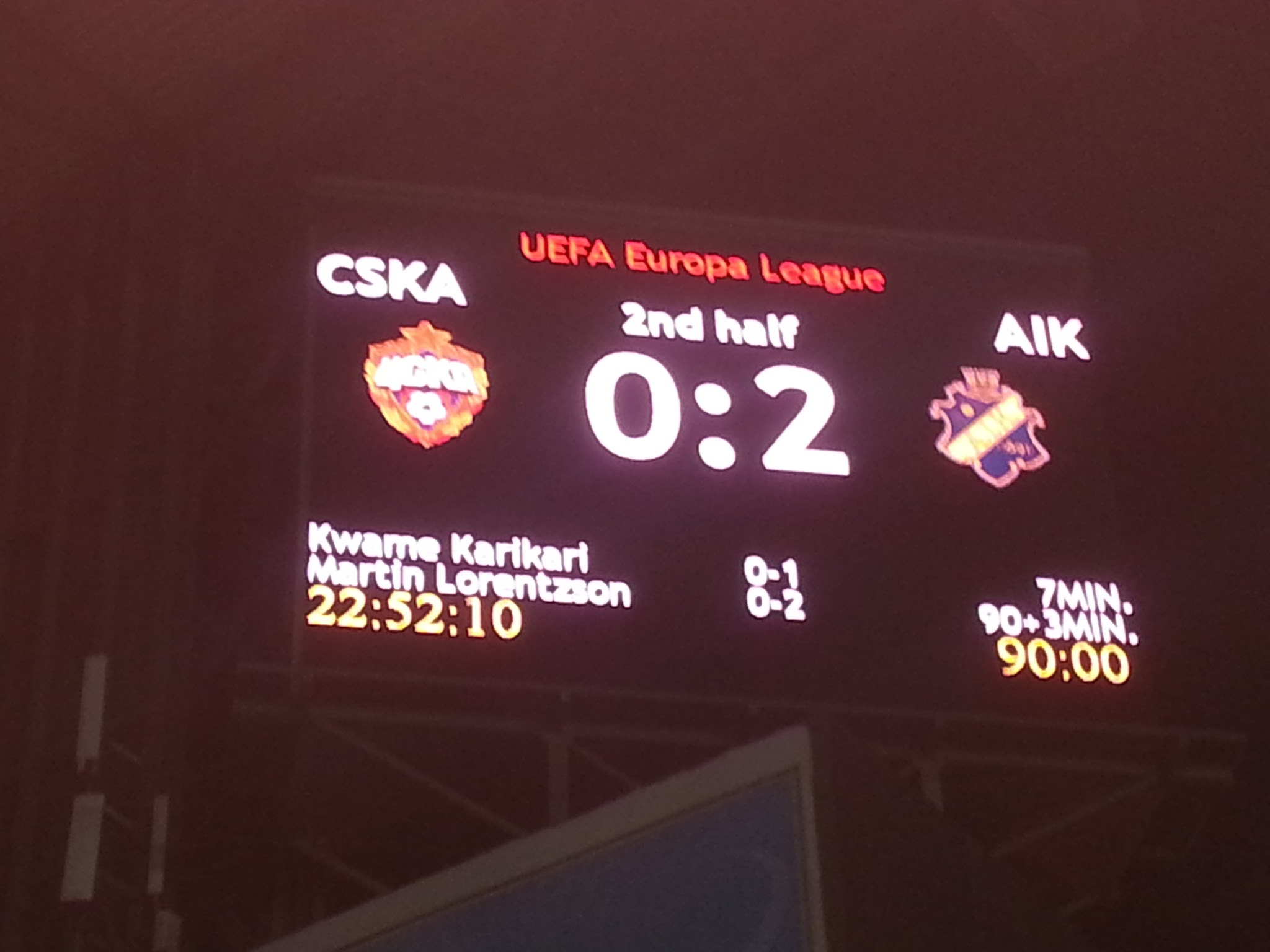 Thursday 30 August 2012, kl 21:00  PFK CSKA - AIK 0-2 (0-1)  Arena Chimki, Moskva