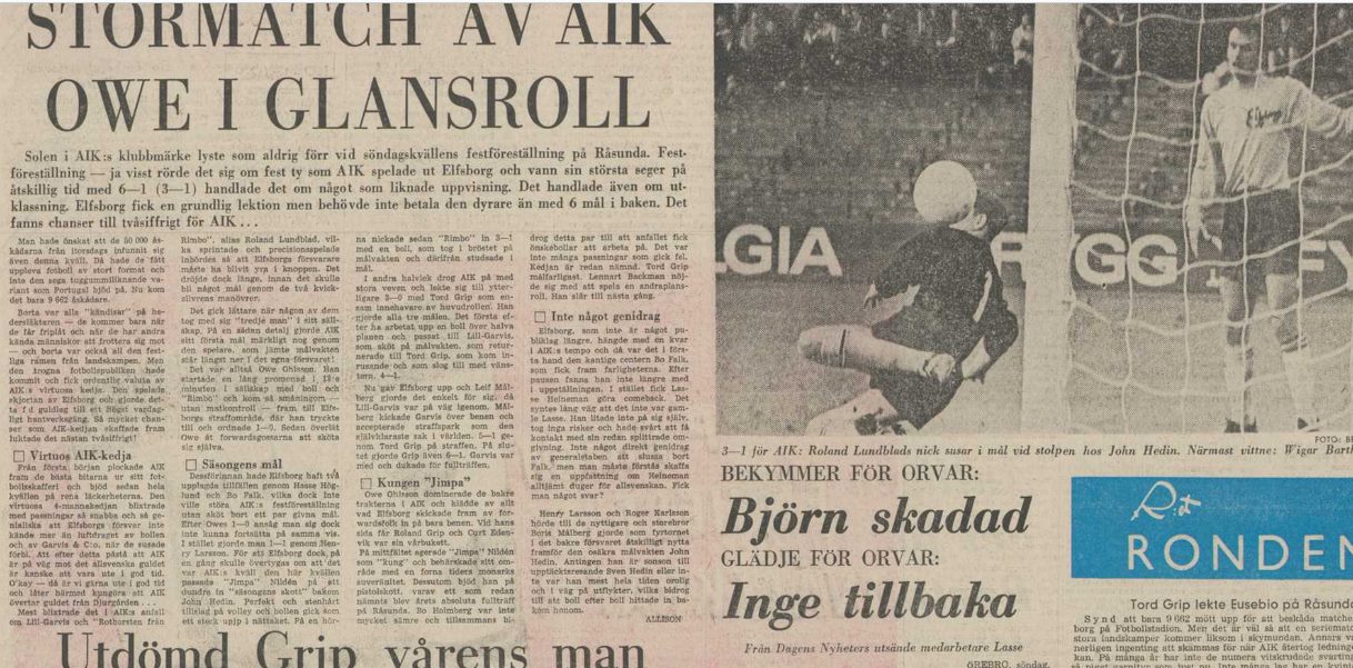 Sunday 4 June 1967, kl 19:00  AIK - IF Elfsborg 6-1 (3-1)  Råsunda Fotbollstadion, Solna