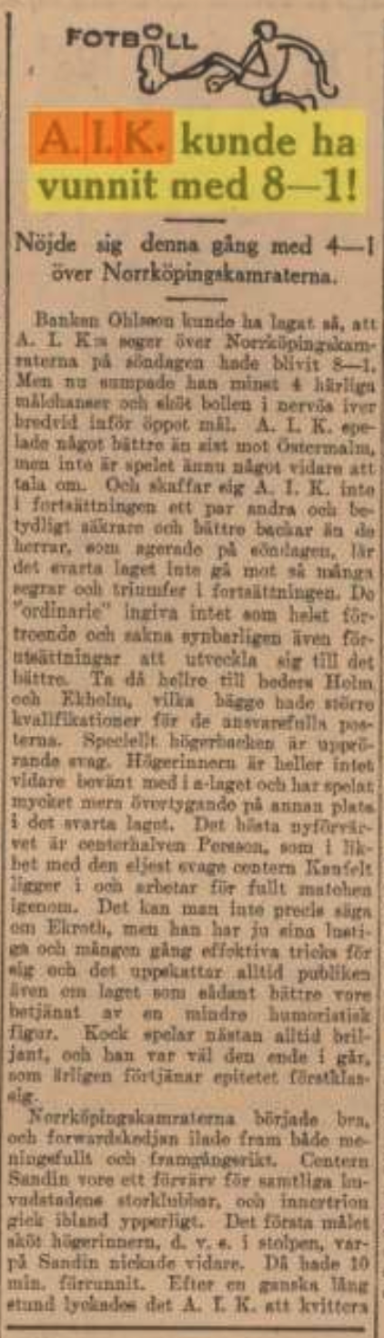 Sunday 29 April 1923  AIK - IFK Norrköping 4-1 ()  Okänd arena, Okänd ort